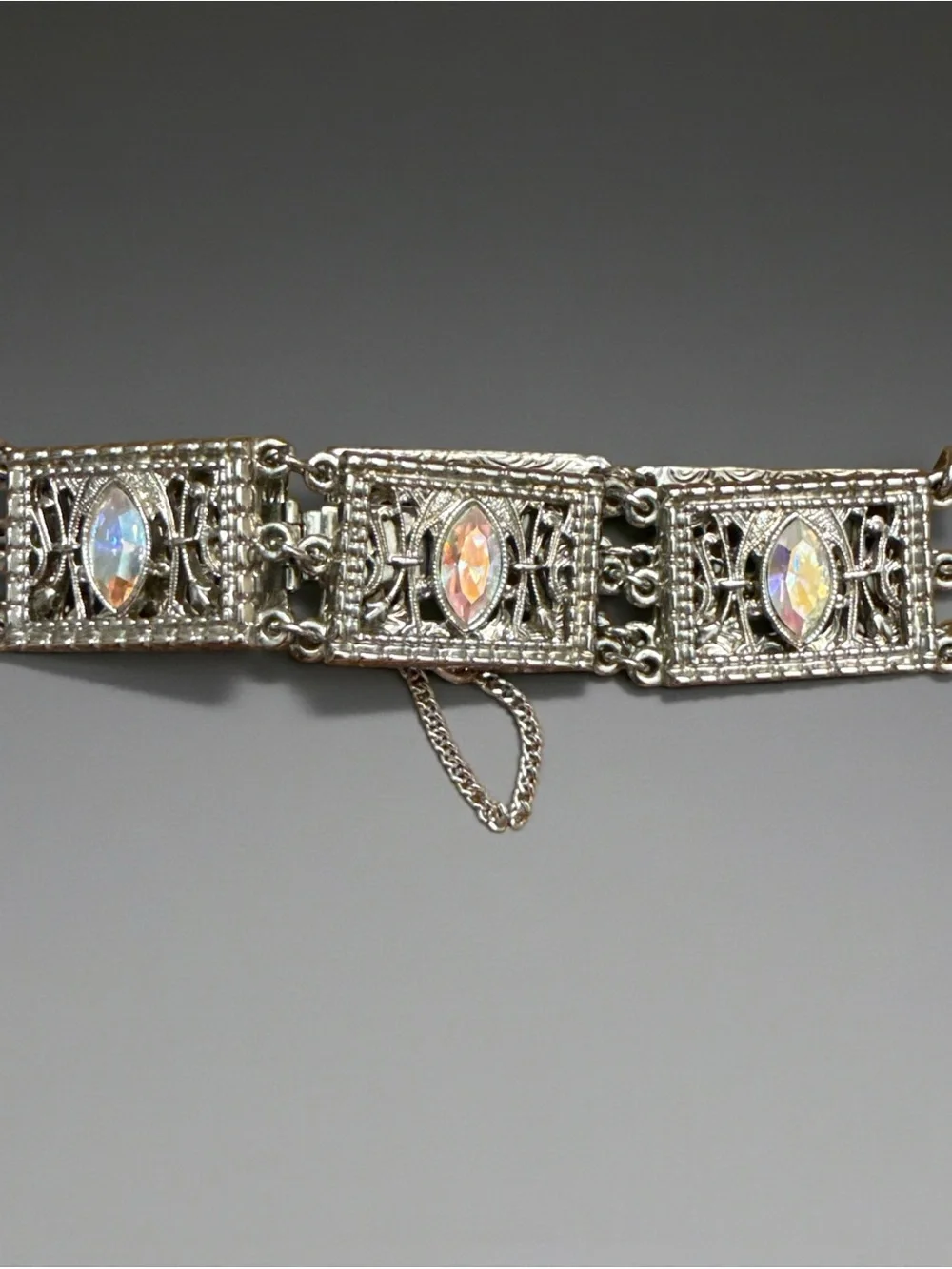 Aurora Borealis Marquise Crystal Filigree Bracelet - Silver Tone